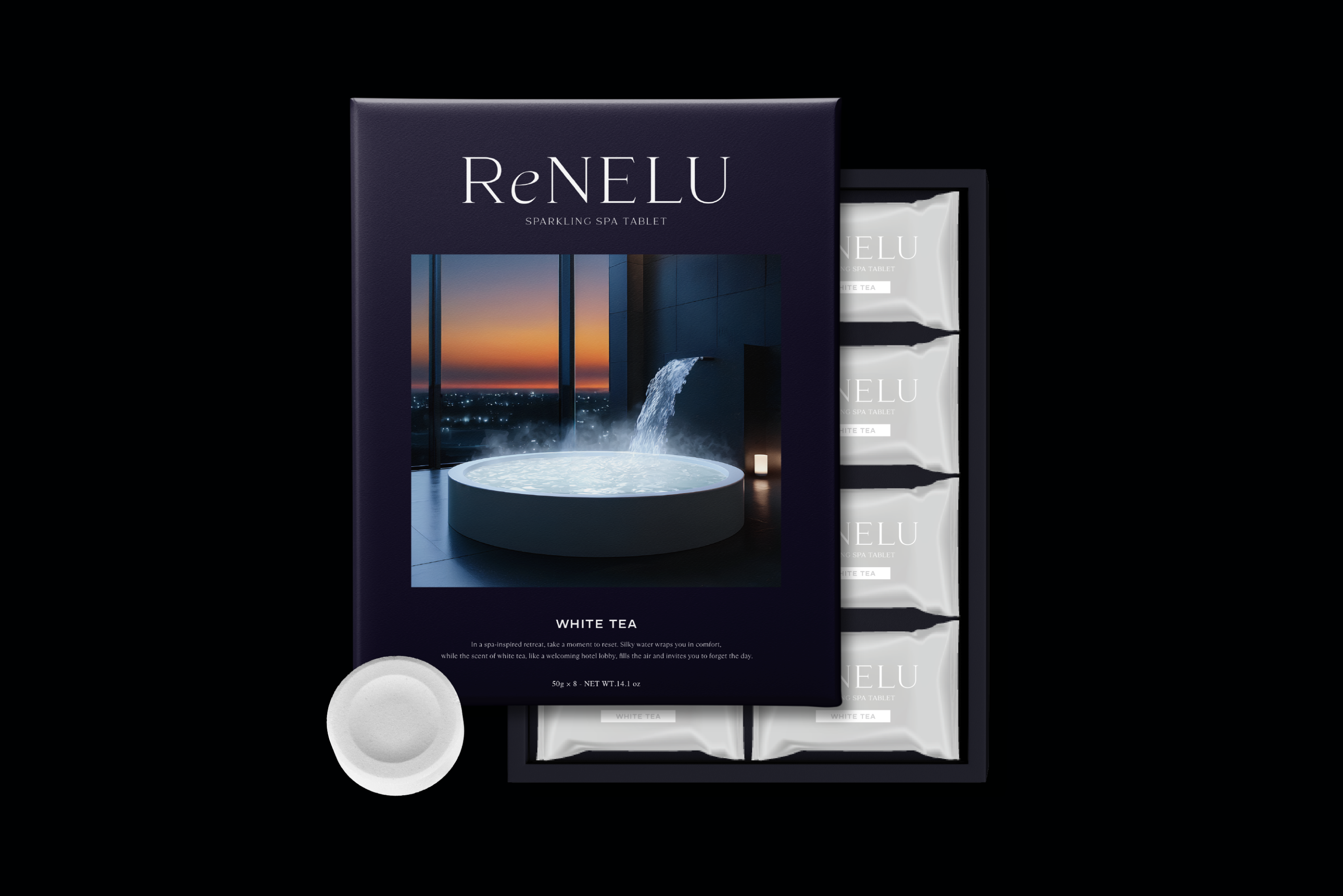 彼氏へのプレゼントにおすすめの入浴剤ReNELU SPARKLING SPA TABLETのパッケージと個包装