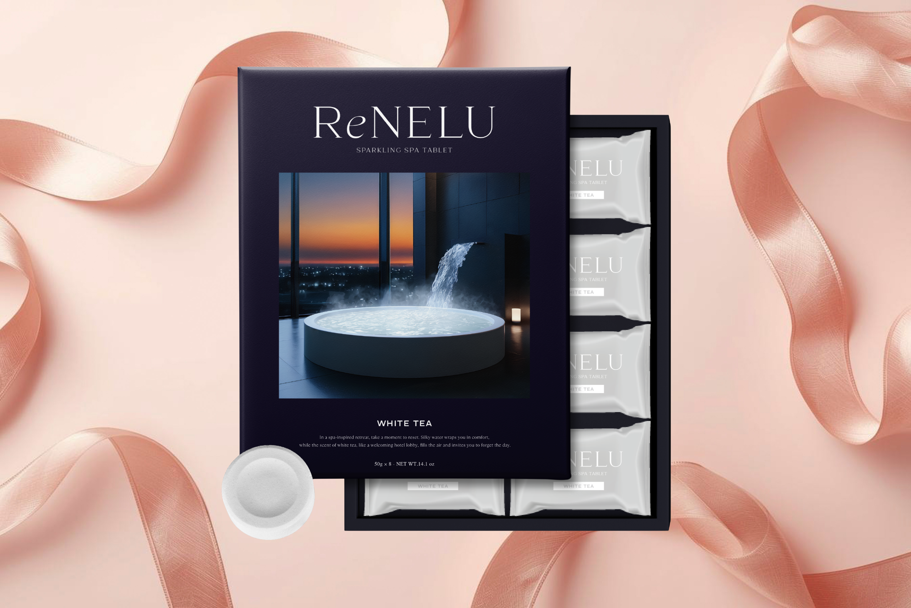 産休に入る方へのプレゼントにおすすめの入浴剤ReNELU SPARKLING SPA TABLETのパッケージと個包装
