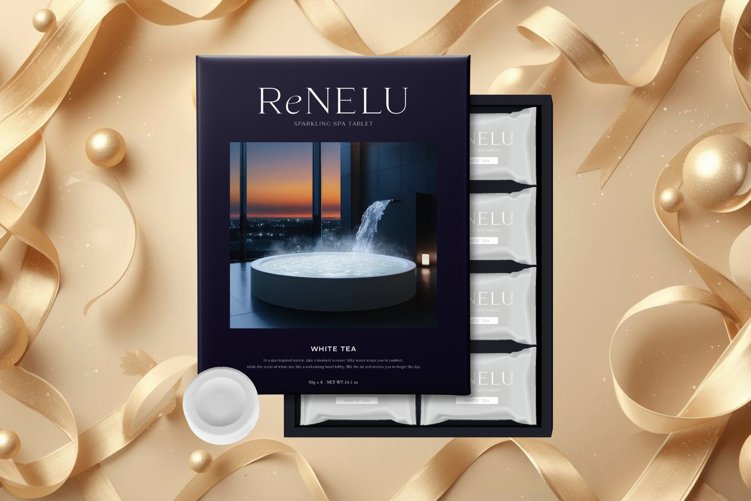 妻への誕生日プレゼントにおすすめの入浴剤ReNELU SPARKLING SPA TABLETのパッケージと個包装