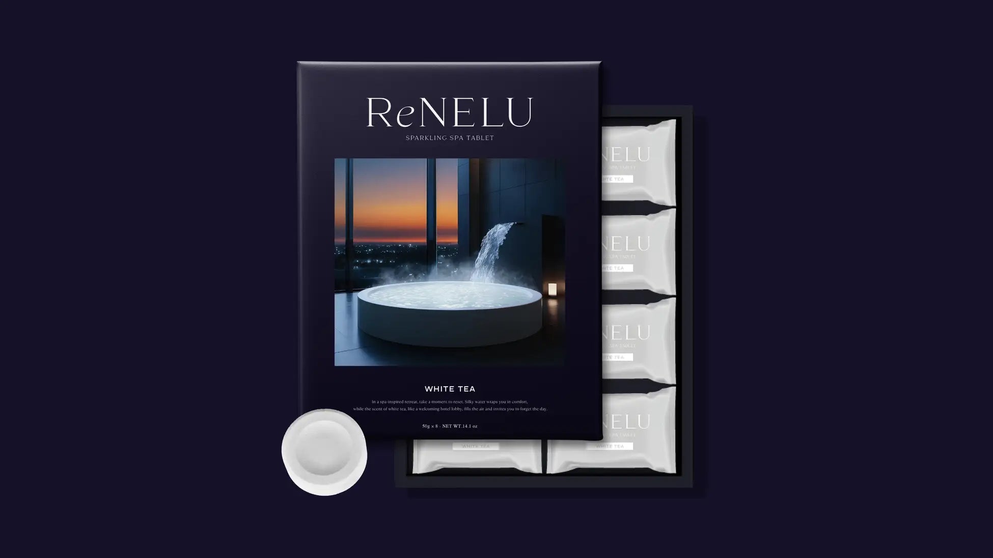 ブルーのワントーンで統一されたReNELU 重炭酸入浴剤「SPARKLING SPA TABLET」の製品パッケージ写真。