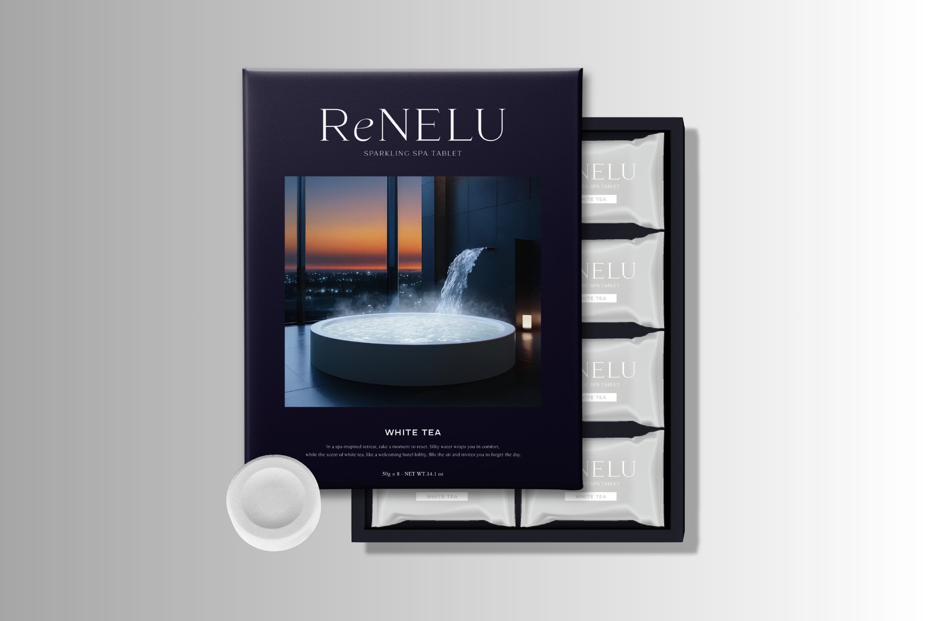ReNELU SPARKLING SPA TABLETのパッケージと個包装の重炭酸タブレット