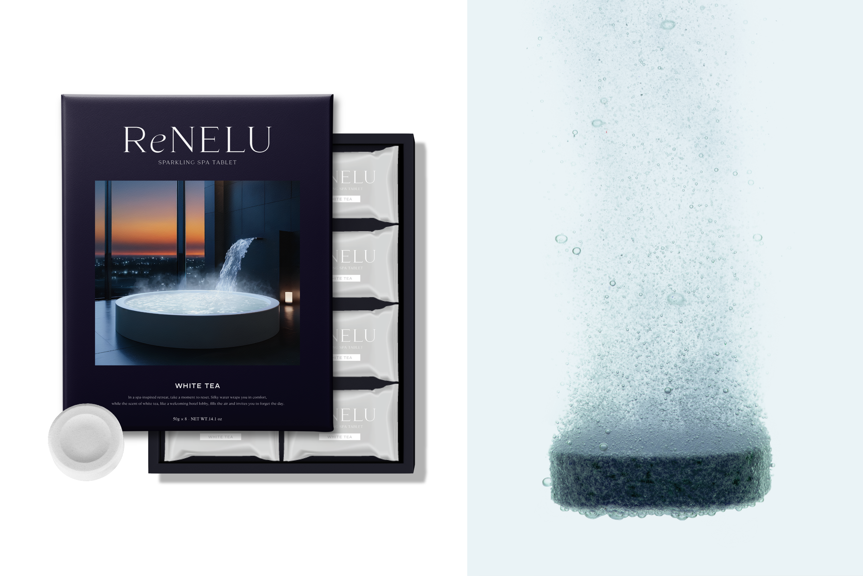 入浴剤の種類と選び方を解説するイメージ｜ReNELU SPARKLING SPA TABLETのパッケージと重炭酸タブレット