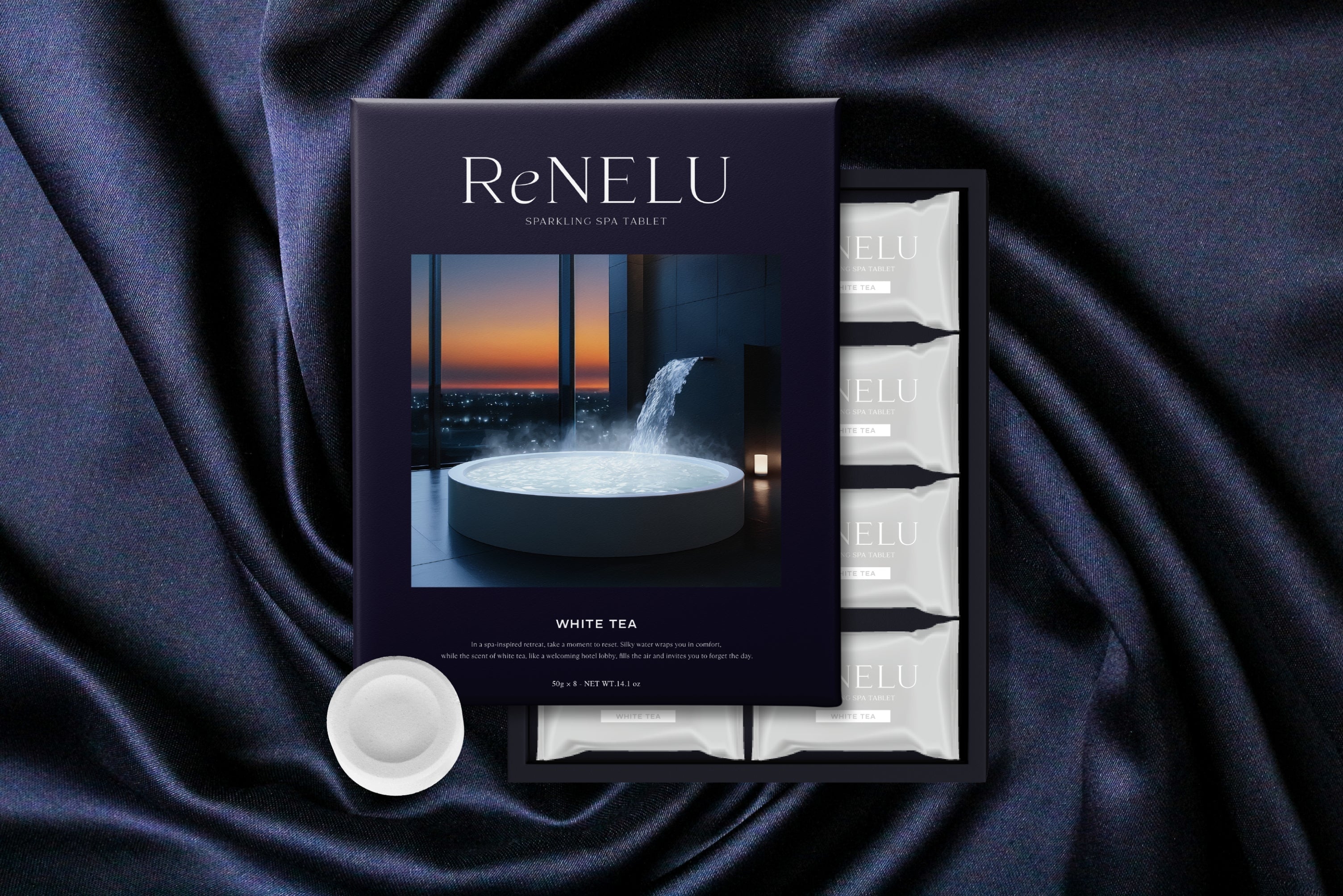 敏感肌でも使いやすい入浴剤の選び方を解説するイメージ｜ReNELU SPARKLING SPA TABLETのパッケージと個包装