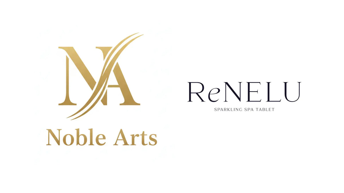 白地に並んだ Noble Arts のロゴと ReNELU SPARKLING SPA TABLET のロゴ
